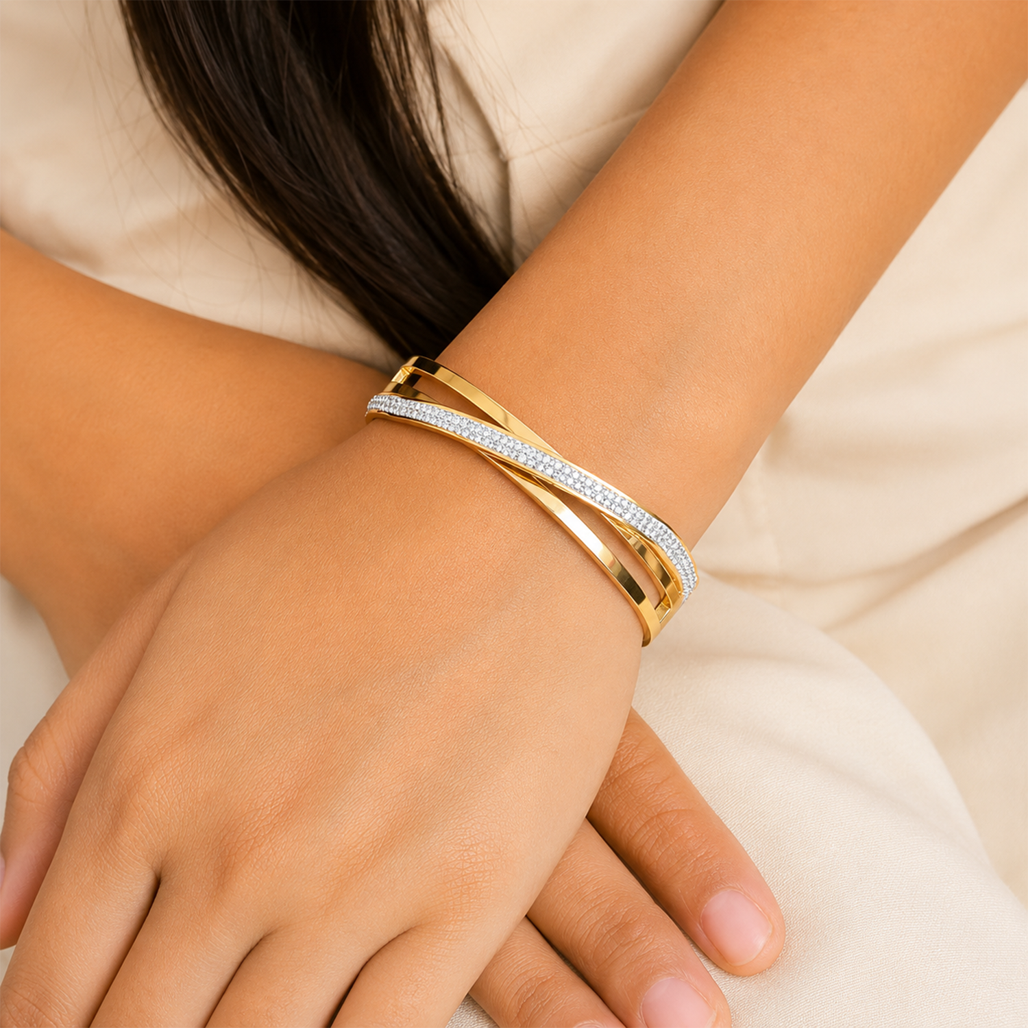 Stylish Crossover Triple Line Cuff AD Stone Bracelet for Girls & Women