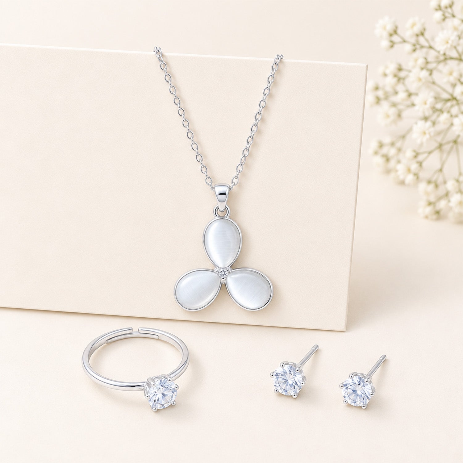 Silver-Tone Crystal-Style Matching Jewelry Set with Red Gift Box