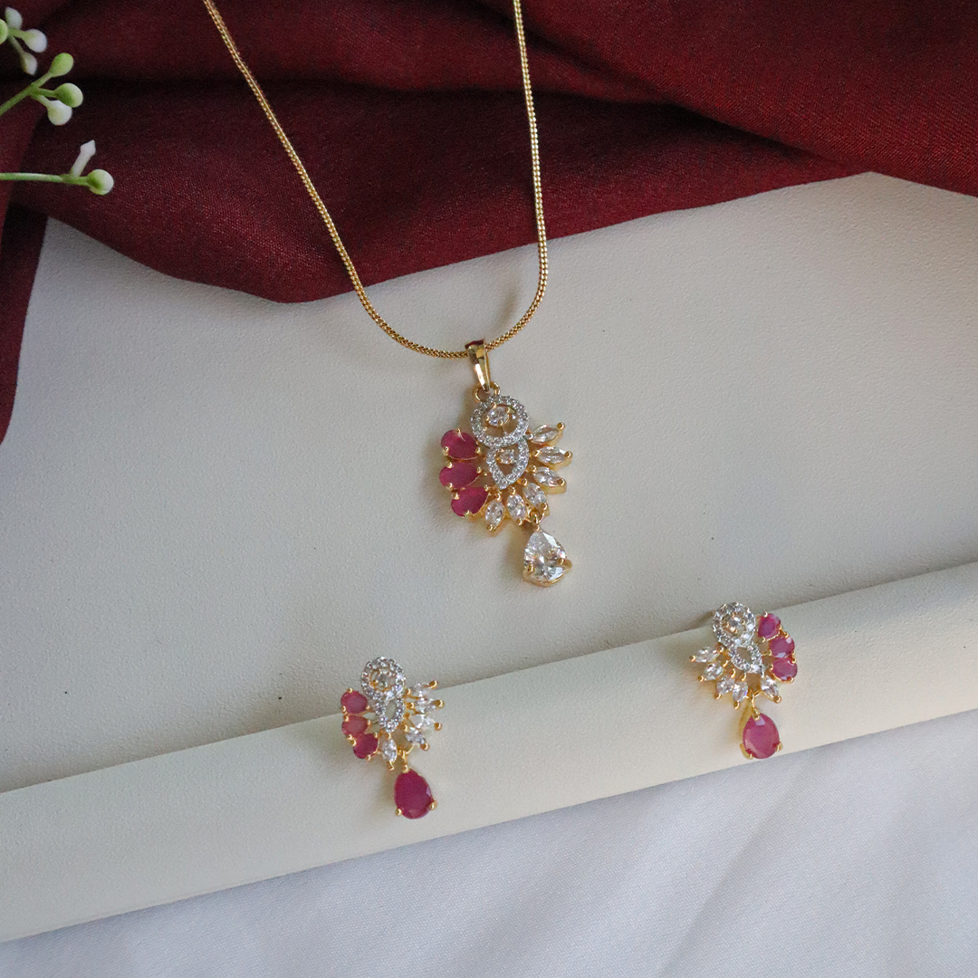 Ruby Royale Drop American Diamond Pendant Set