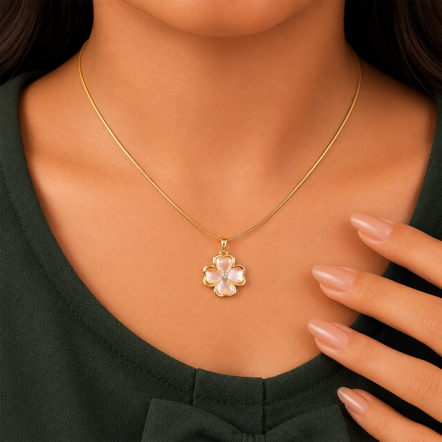 Lucky Four Leaf Floral Pink Stone Pendant for Girls & Women's