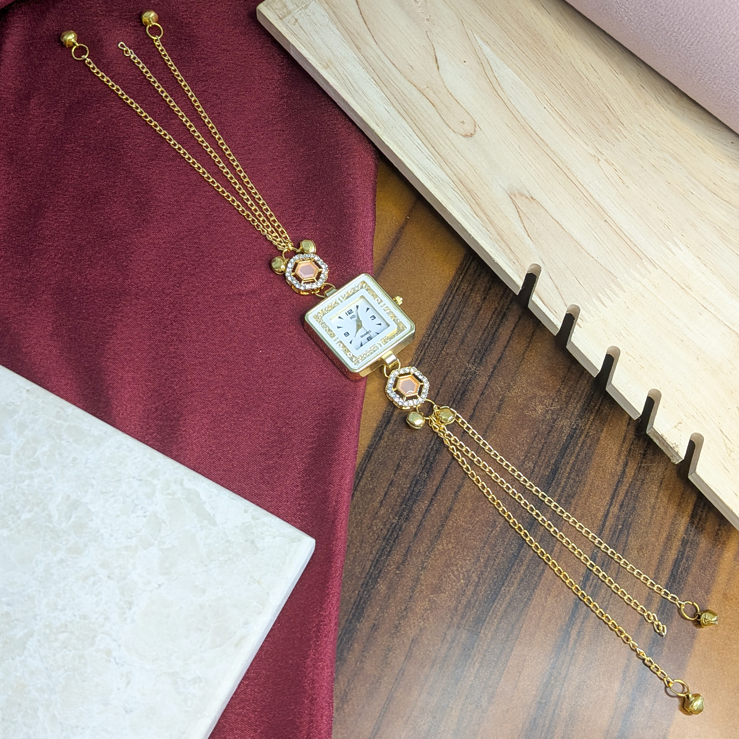 Gold Plated Square Dial Kashimiri Watch with CZ Stone Details