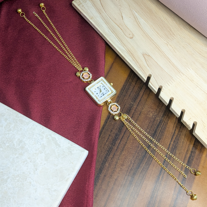 Gold Plated Square Dial Kashimiri Watch with CZ Stone Details