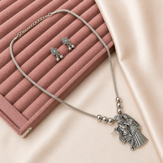 Oxidized Silver Radha Krishna Pendant Set for Girls & Women