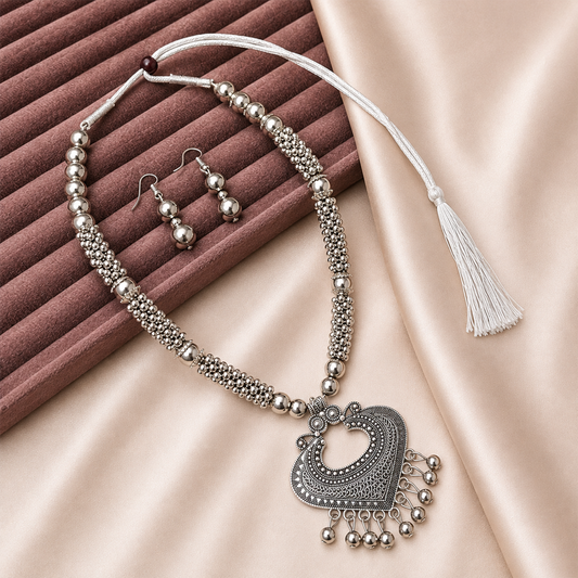 Oxidized Silver Ball Beaded Chain Pendant Set for Girls & Women