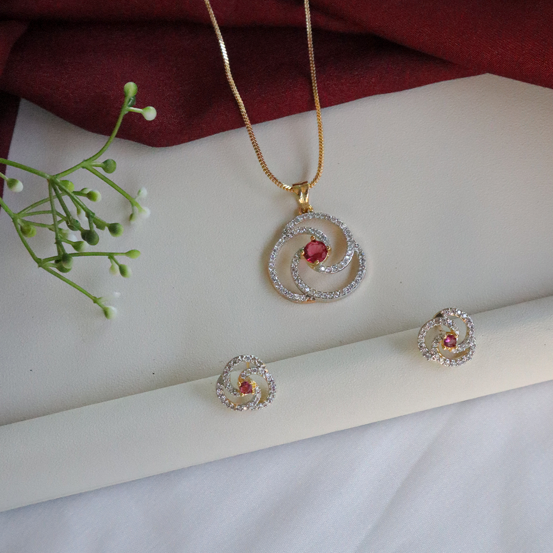 Spiral Bloom Pendant Set with American Diamonds