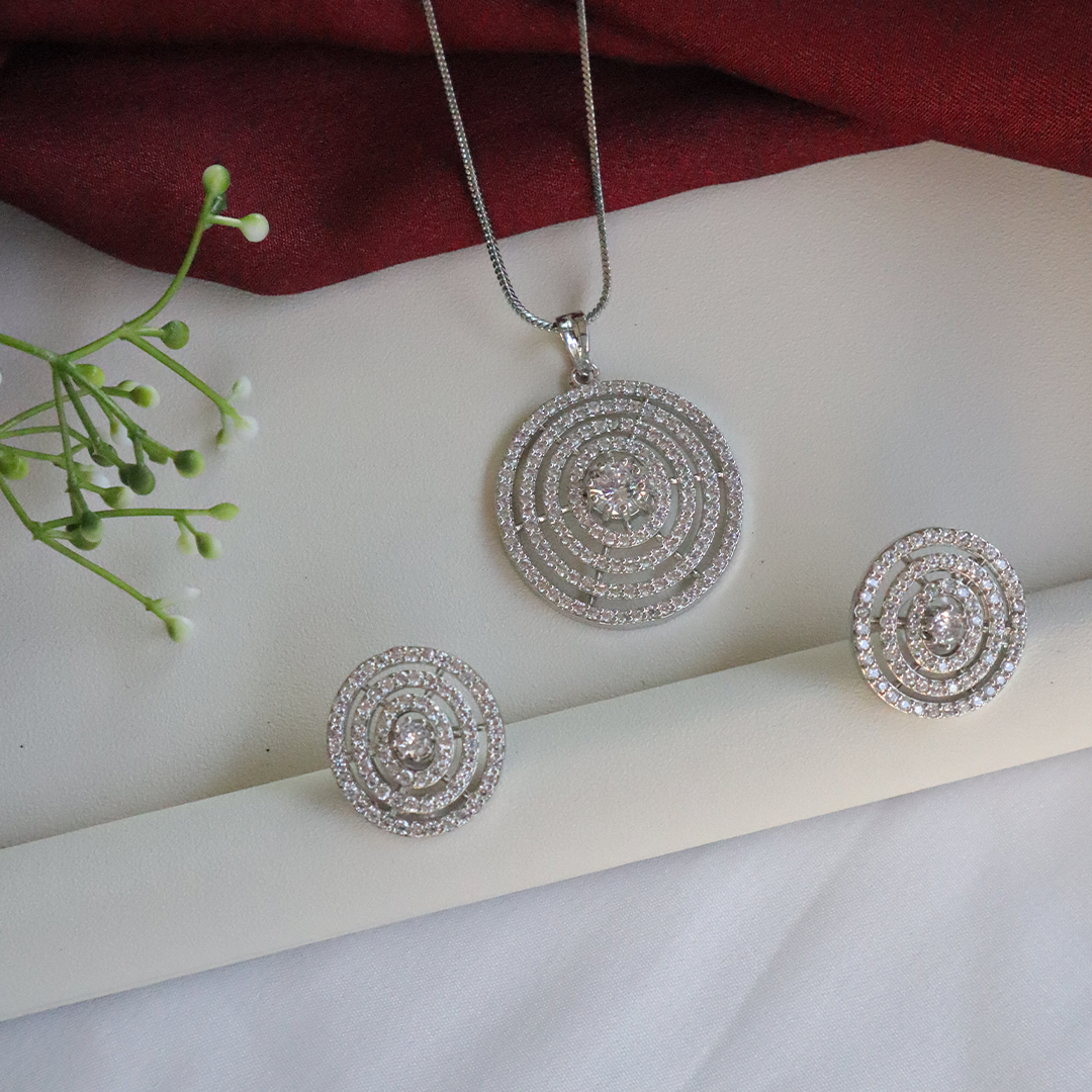 Silver American Diamond Luminara Spiral Pendant Set