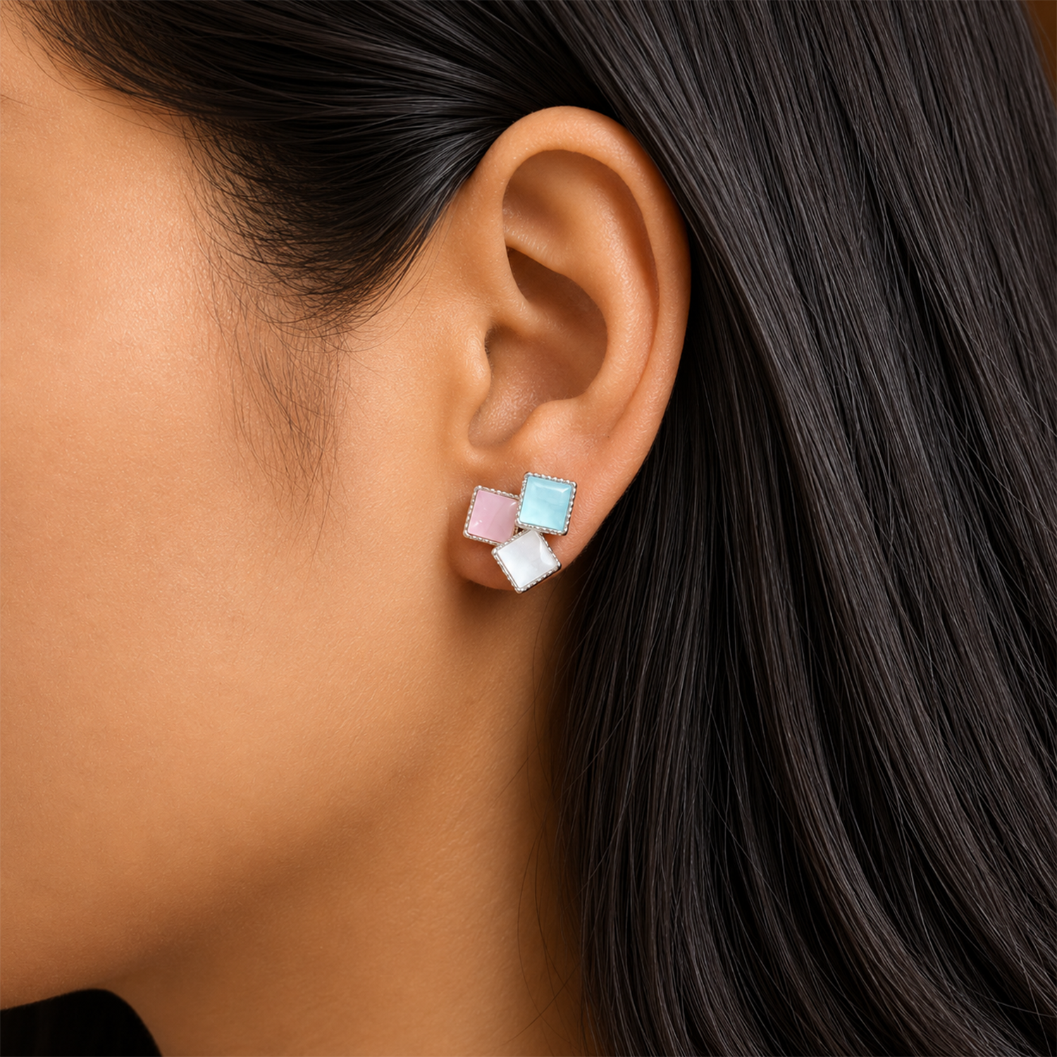Tricolor Triple Square Stud Earrings For Girls & Women