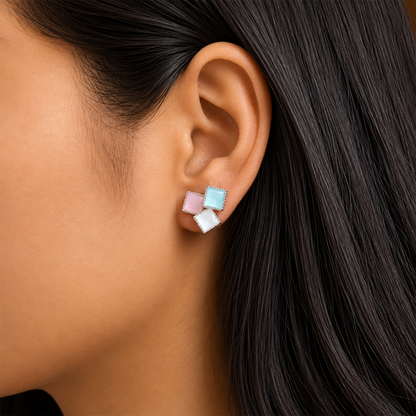 Tricolor Triple Square Stud Earrings For Girls & Women