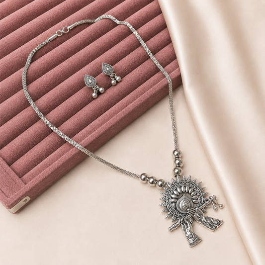 Oxidized Silver Lord Krishna Flute & Wheel Pendant Set for Girls & Women