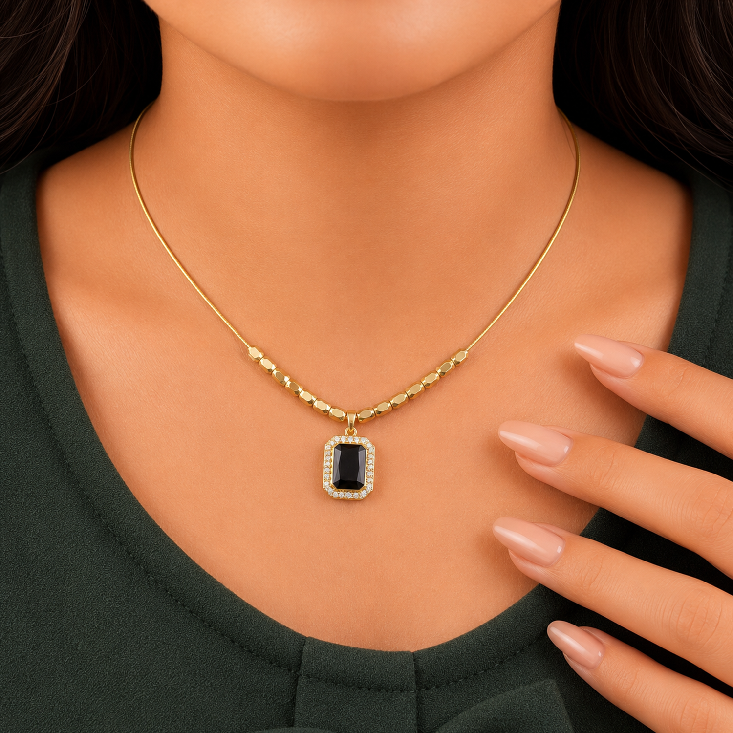 Rectangular Black Onyx Block CZ Stone Pendant for Girls & Women's