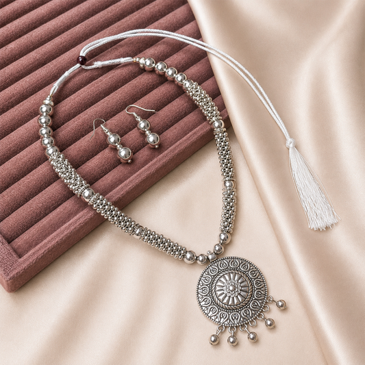 Oxidized Silver Traditional Mandala Design Pendant Set for Girls & Women
