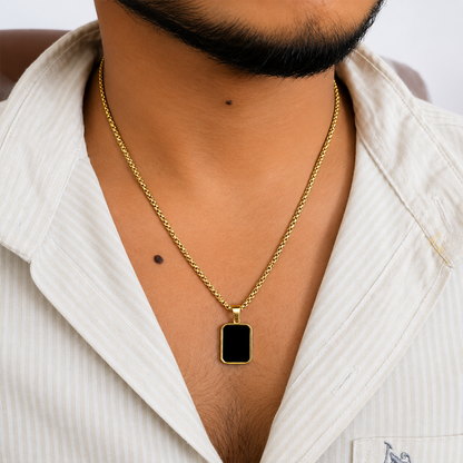 Black Onyx Rectangular Pendant With Golden Tone Chain For Men & Boys
