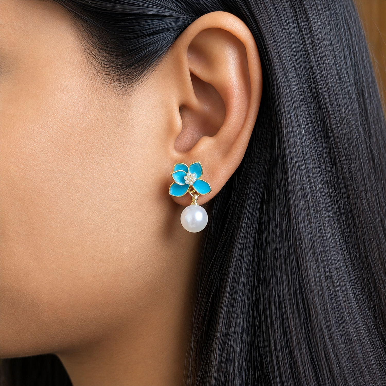 Stylish Vibrant Enamel Petals Pearl Drop Earrings For Girls & Women