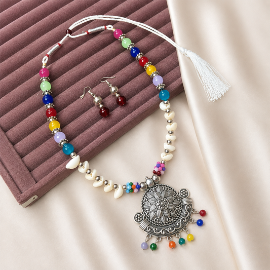 Oxidized Silver Floral Star Pendant Set with Multicolor Beads