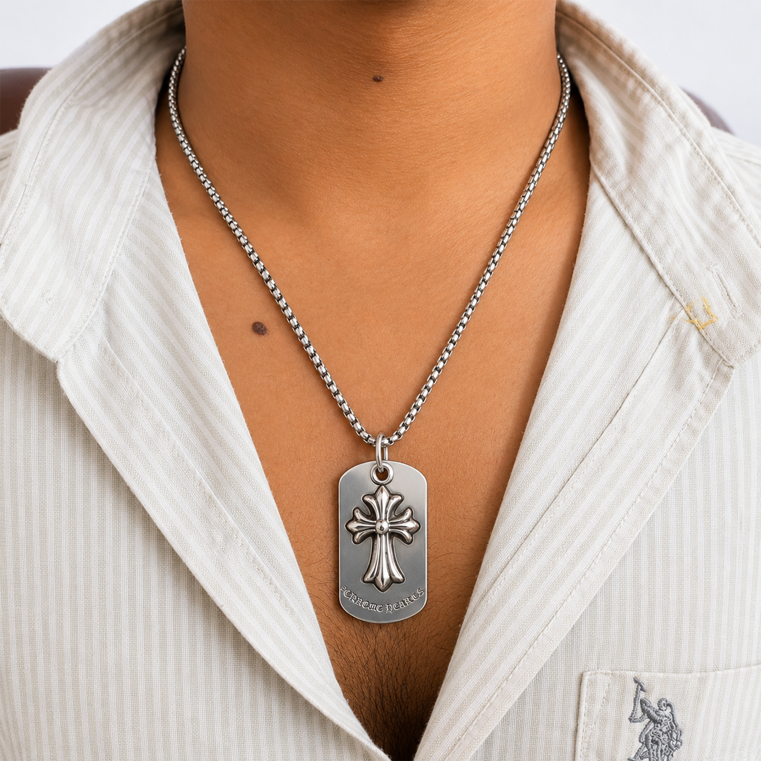 Chrome Cross Dog Tag Brass Pendant With Stainless Steel Chain For Men & Boys