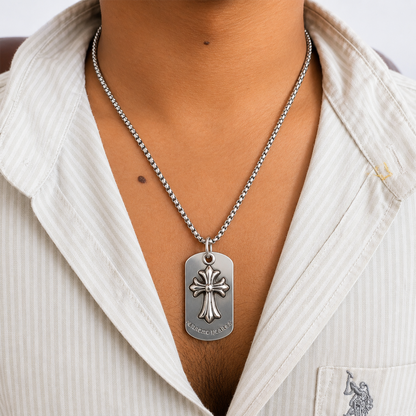Chrome Cross Dog Tag Brass Pendant With Stainless Steel Chain For Men & Boys