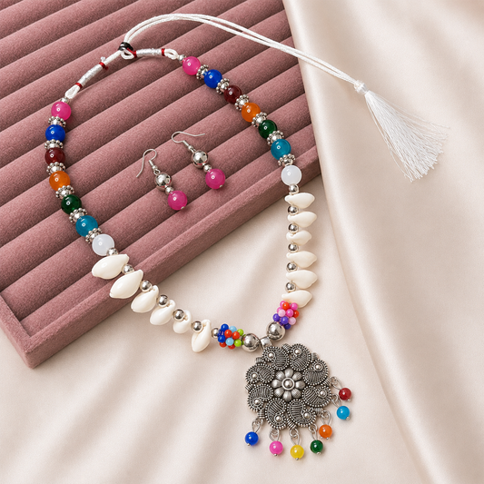 Oxidized Sunflower Pendant Set with Multicolor Bead Drops