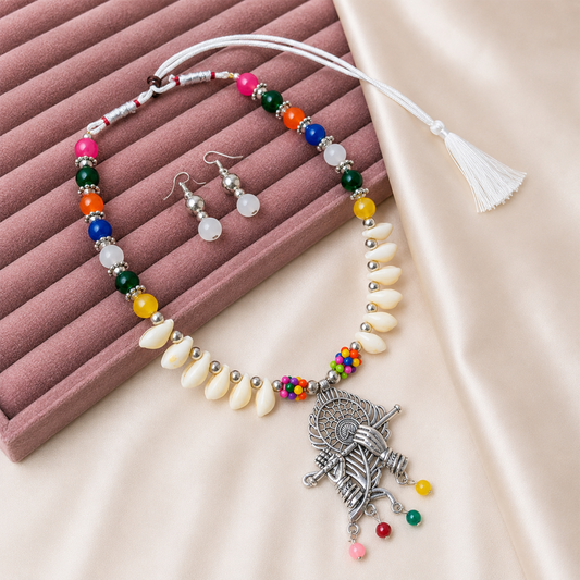 Oxidized Floral Mandala Pendant Set with Multicolor Beads