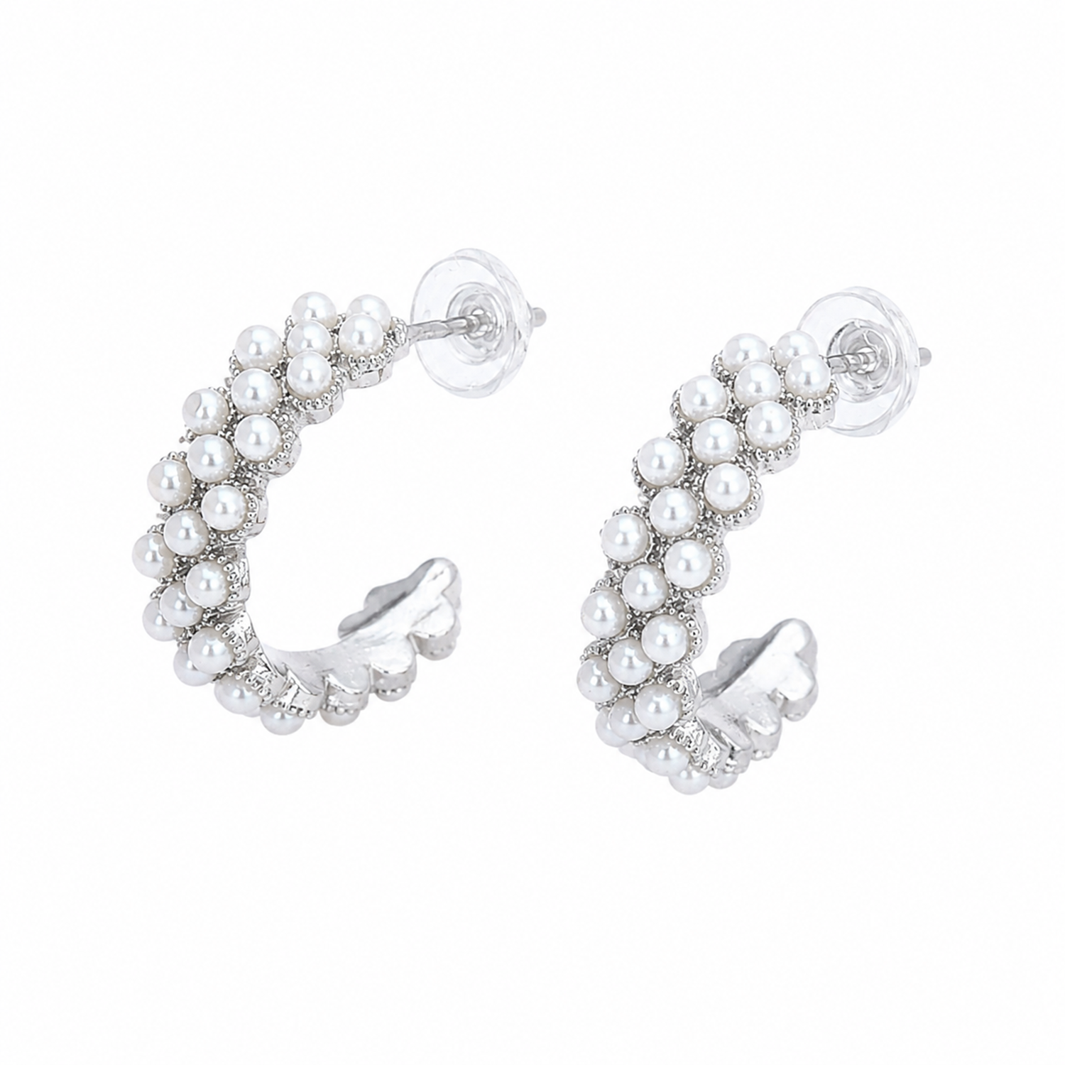 C Shaped Embellished Design Pearls Stones Earrings For Girls & Women