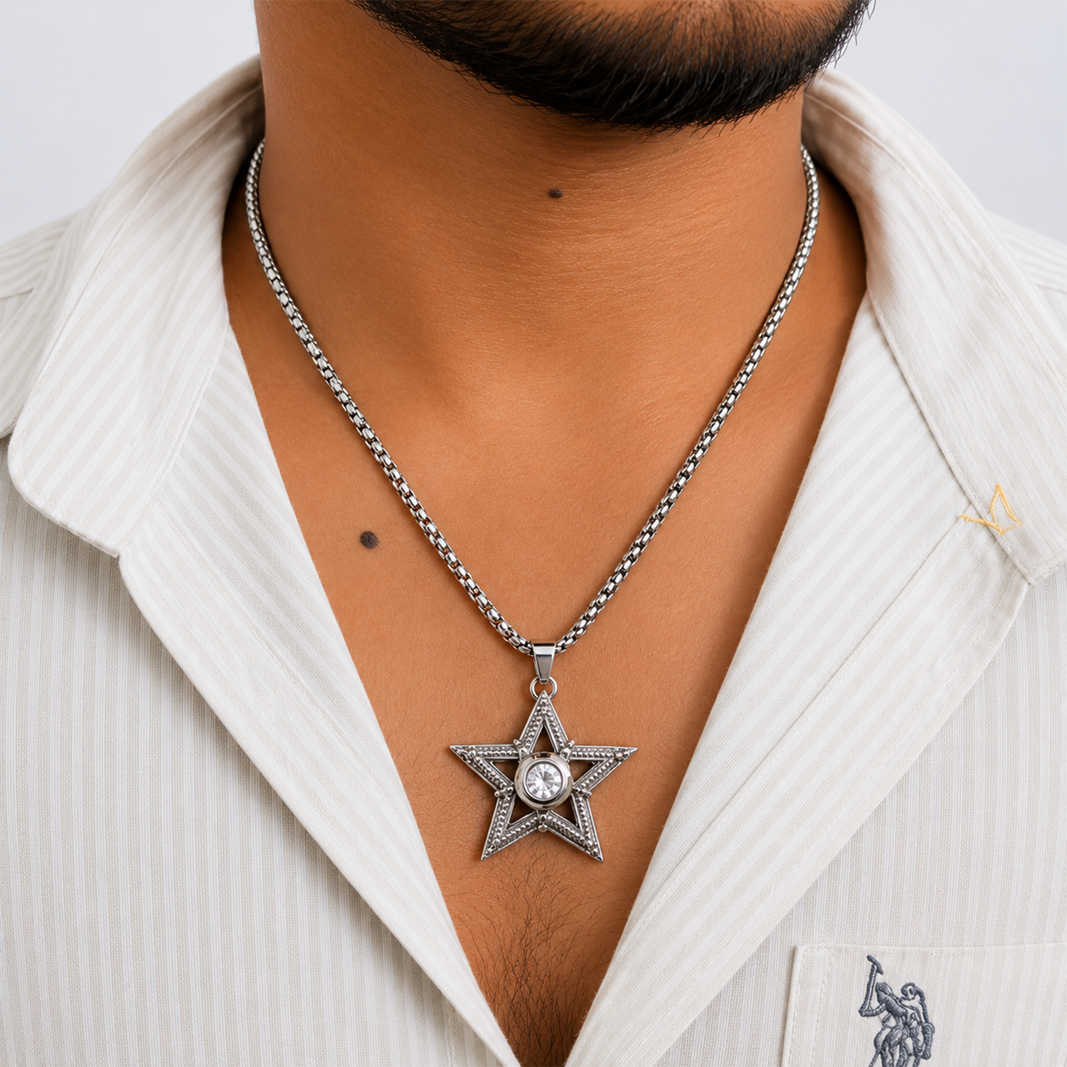 Stylish Star Central Hole Brass Pendant With Stainless Steel Chain For Men & Boys