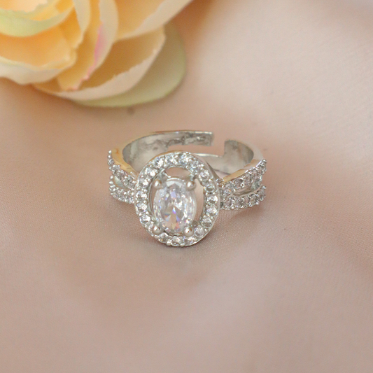 Elegant Silver American Diamond Ring with Oval Stone