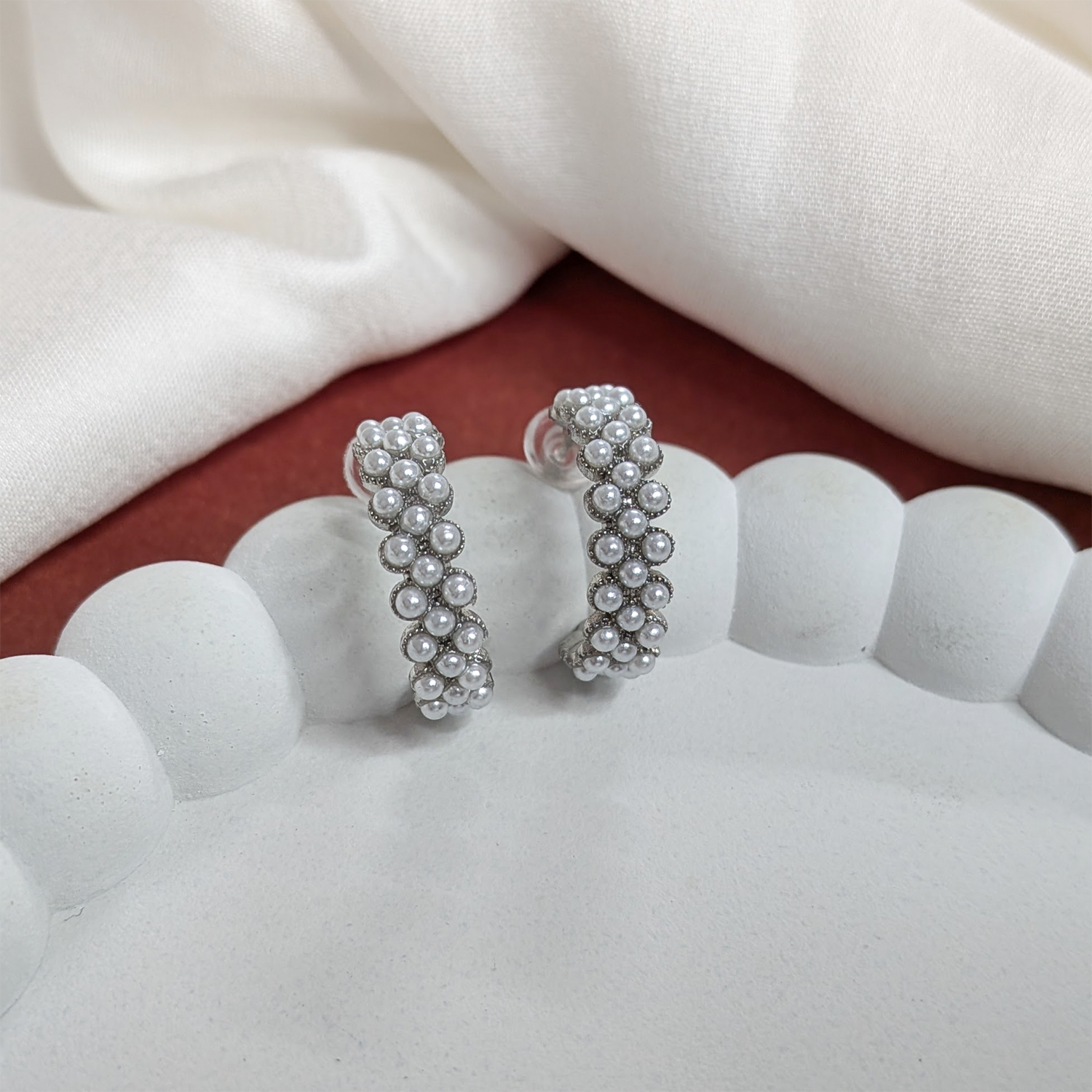 C Shaped Embellished Design Pearls Stones Earrings For Girls & Women