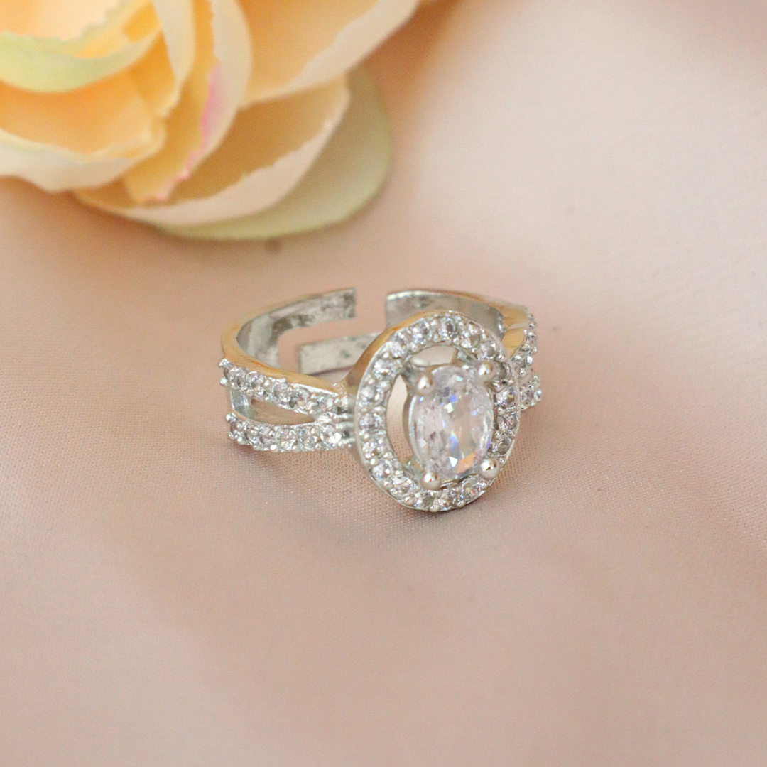 Elegant Silver American Diamond Ring with Oval Stone