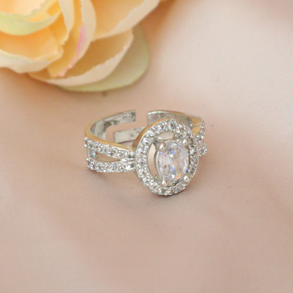 Elegant Silver American Diamond Ring with Oval Stone