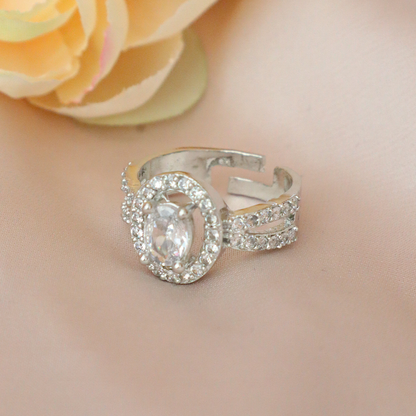 Elegant Silver American Diamond Ring with Oval Stone