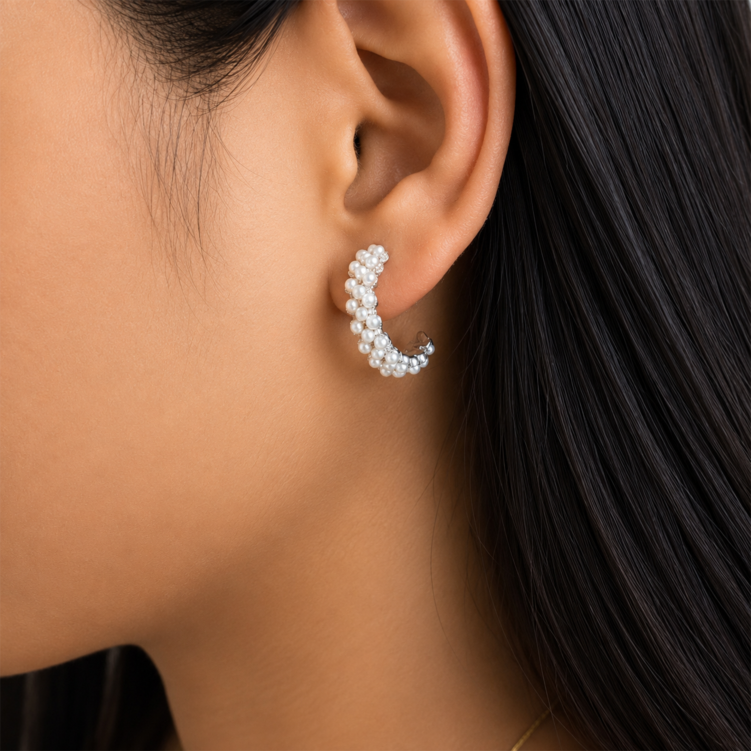 C Shaped Embellished Design Pearls Stones Earrings For Girls & Women