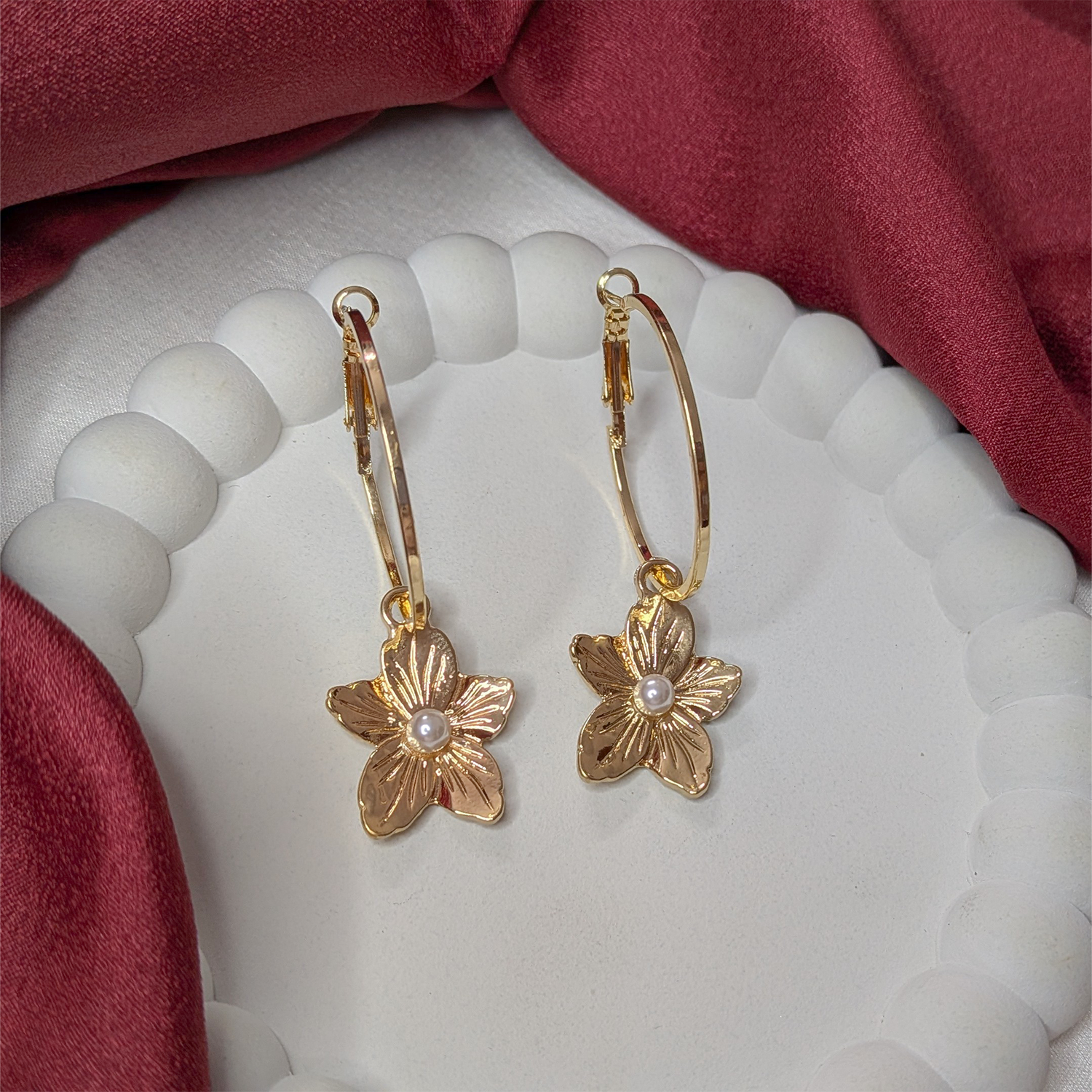Flower Charm Hoop Earrings with Pearl Accent for Girls & Women