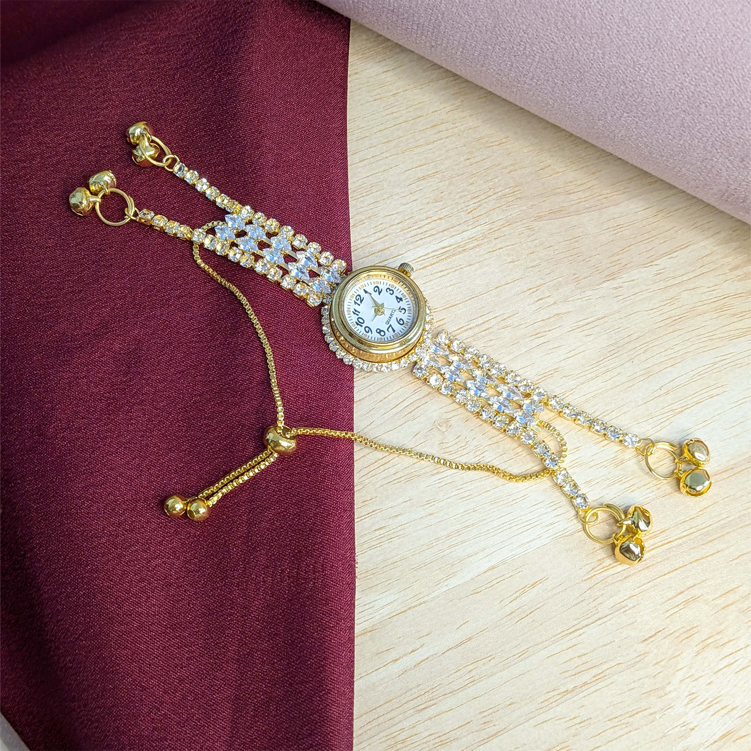 Gold Plated Crystal Stone Kashmiri Watch for Girls & Women