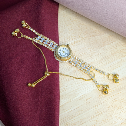 Gold Plated Crystal Stone Kashmiri Watch for Girls & Women