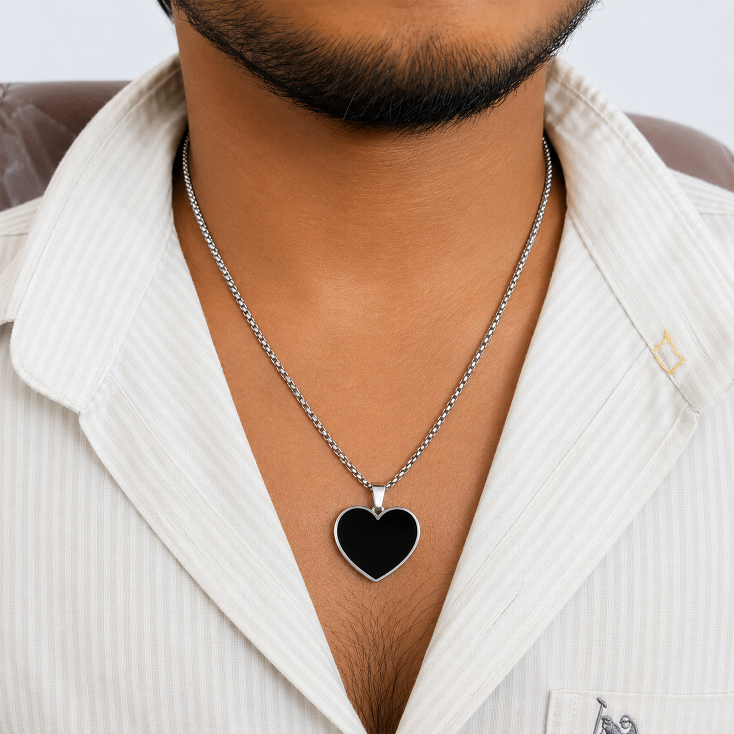 Stylish Black Heart Pendant With Silver Tone Chain For Men's
