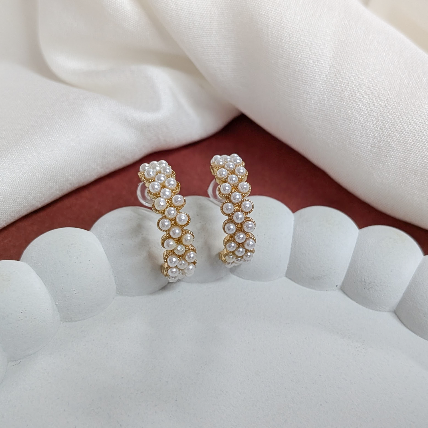 C Shaped Embellished Design Pearls Stones Earrings For Girls & Women