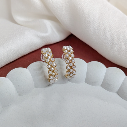 C Shaped Embellished Design Pearls Stones Earrings For Girls & Women
