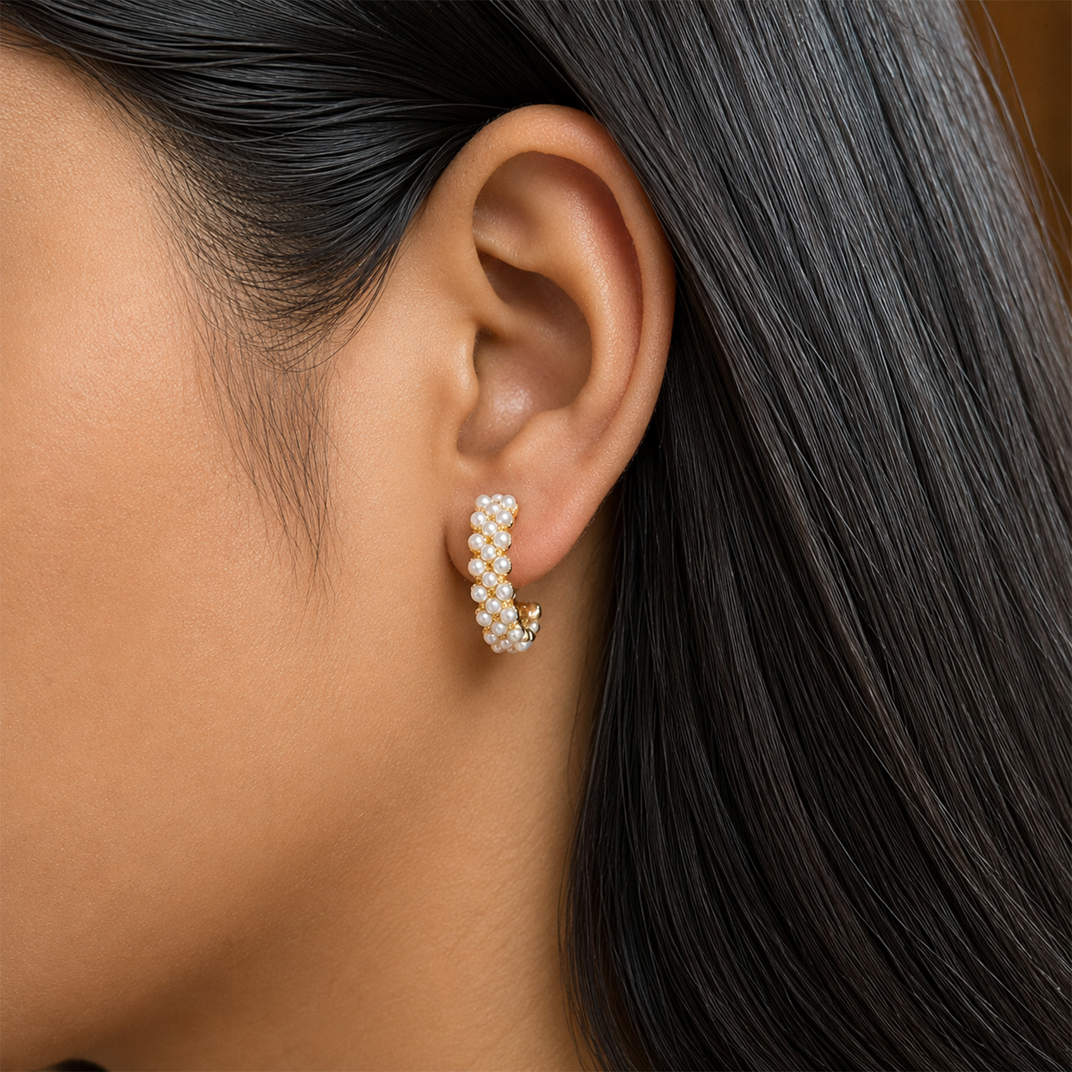 C Shaped Embellished Design Pearls Stones Earrings For Girls & Women