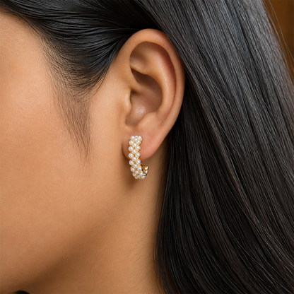 C Shaped Embellished Design Pearls Stones Earrings For Girls & Women
