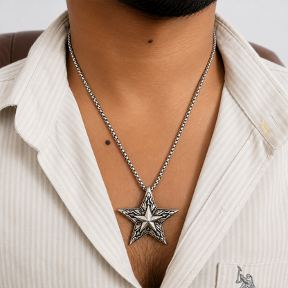 Double Flame Star Brass Pendant With Stainless Steel Chain For Men & Boys
