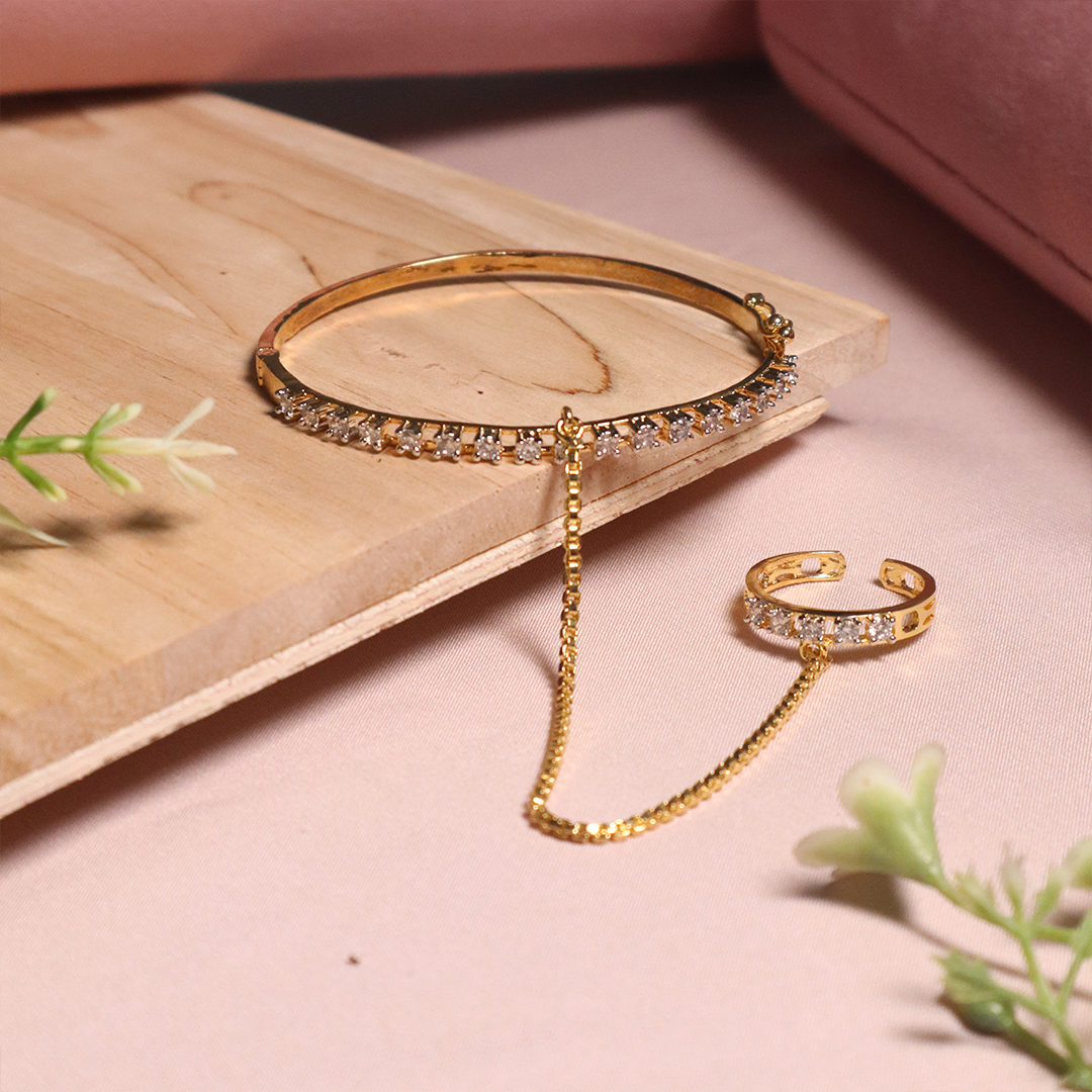 18K Gold Plated Single Tone American Diamond Ring Bracelet (Anti-Tarnish)