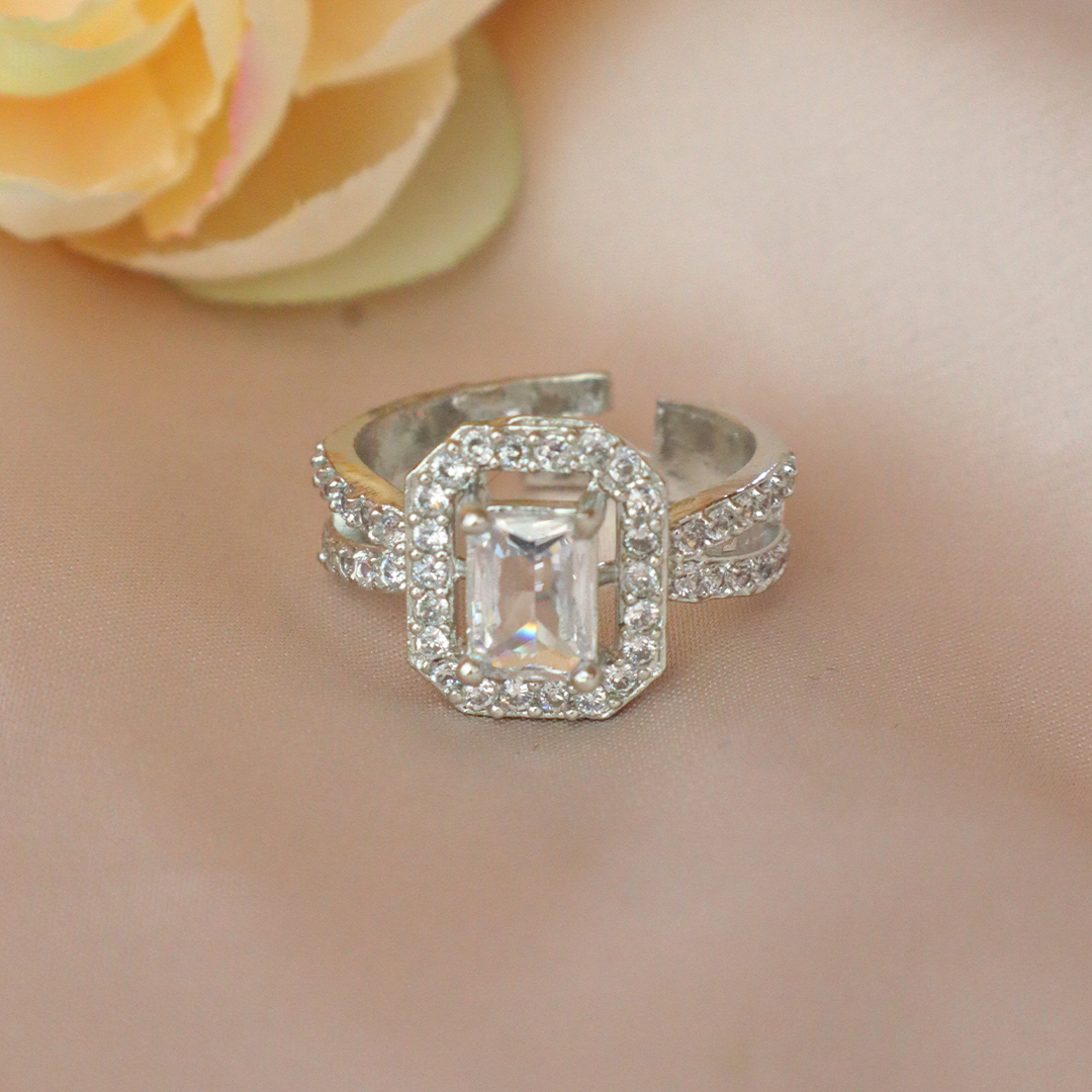 Elegant Silver American Diamond Ring with Rectangular Center Stone