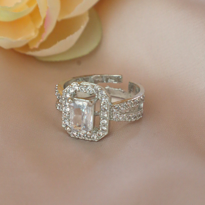 Elegant Silver American Diamond Ring with Rectangular Center Stone