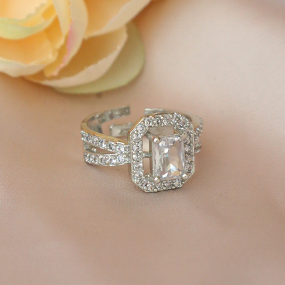 Elegant Silver American Diamond Ring with Rectangular Center Stone