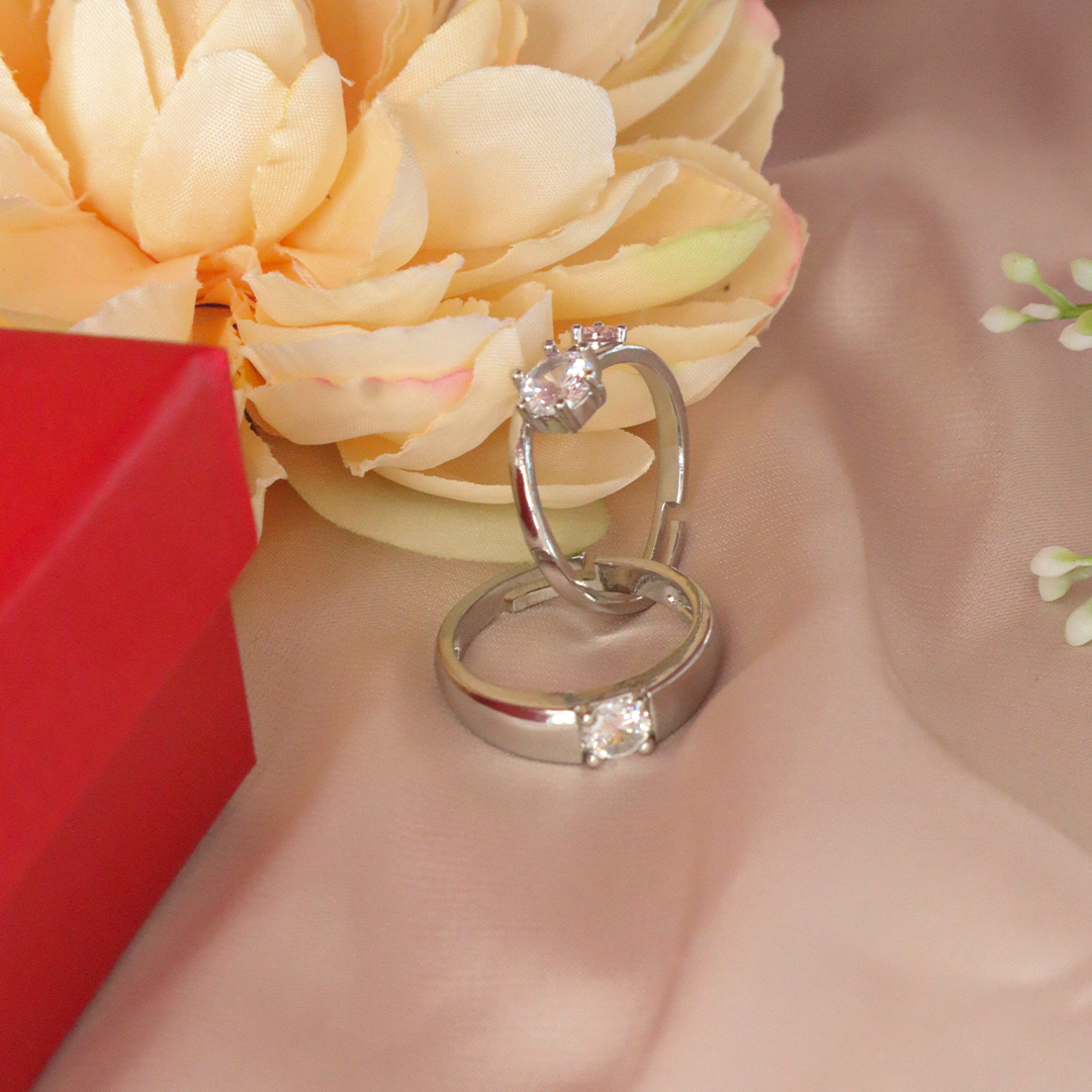 Elegant Couple Silver Ring Set with American Diamonds