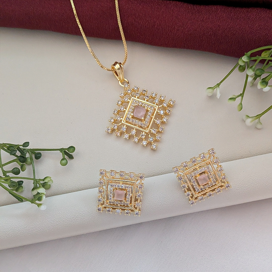 Gold Radiant Square Tier American Diamond Pendant Set