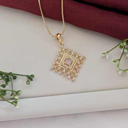 Gold Radiant Square Tier American Diamond Pendant Set
