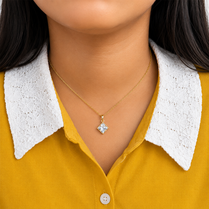AD Stone Princess Cut Pendant with Gold-Tone Chain for Women