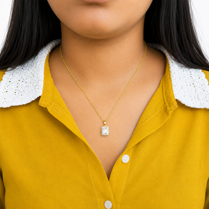AD Stone Rectangle Pendant Necklace with Chain for Women & Girls