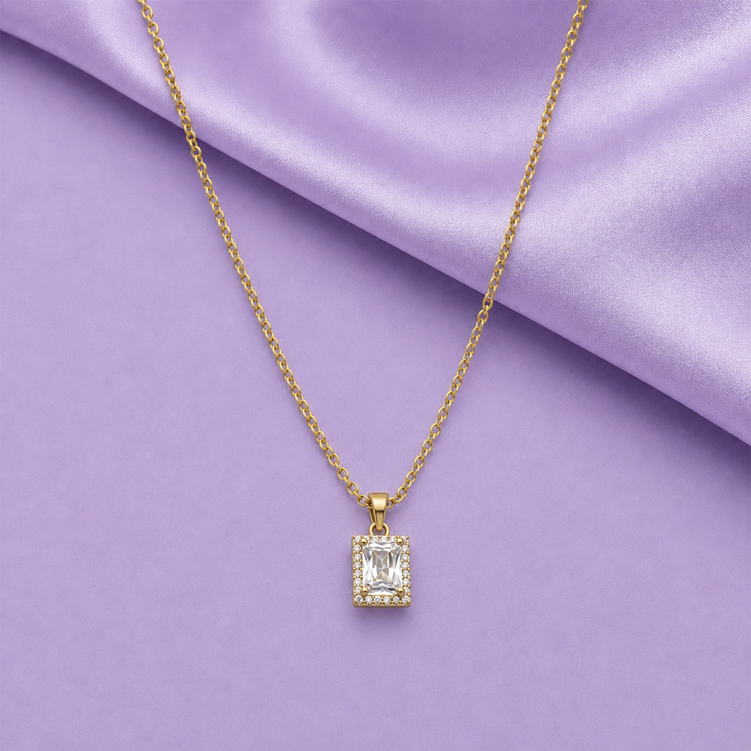 AD Stone Rectangle Pendant Necklace with Chain for Women & Girls