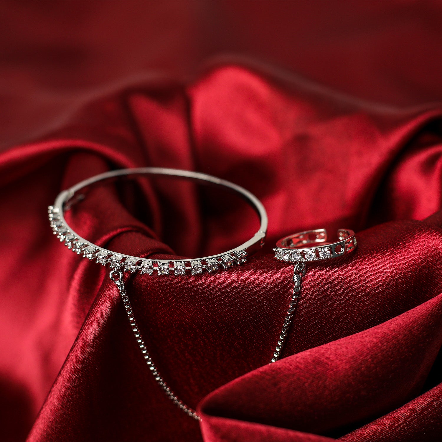 Elegant Single Line AD (American Diamond) Finger Ring Bracelet for Girls & Women